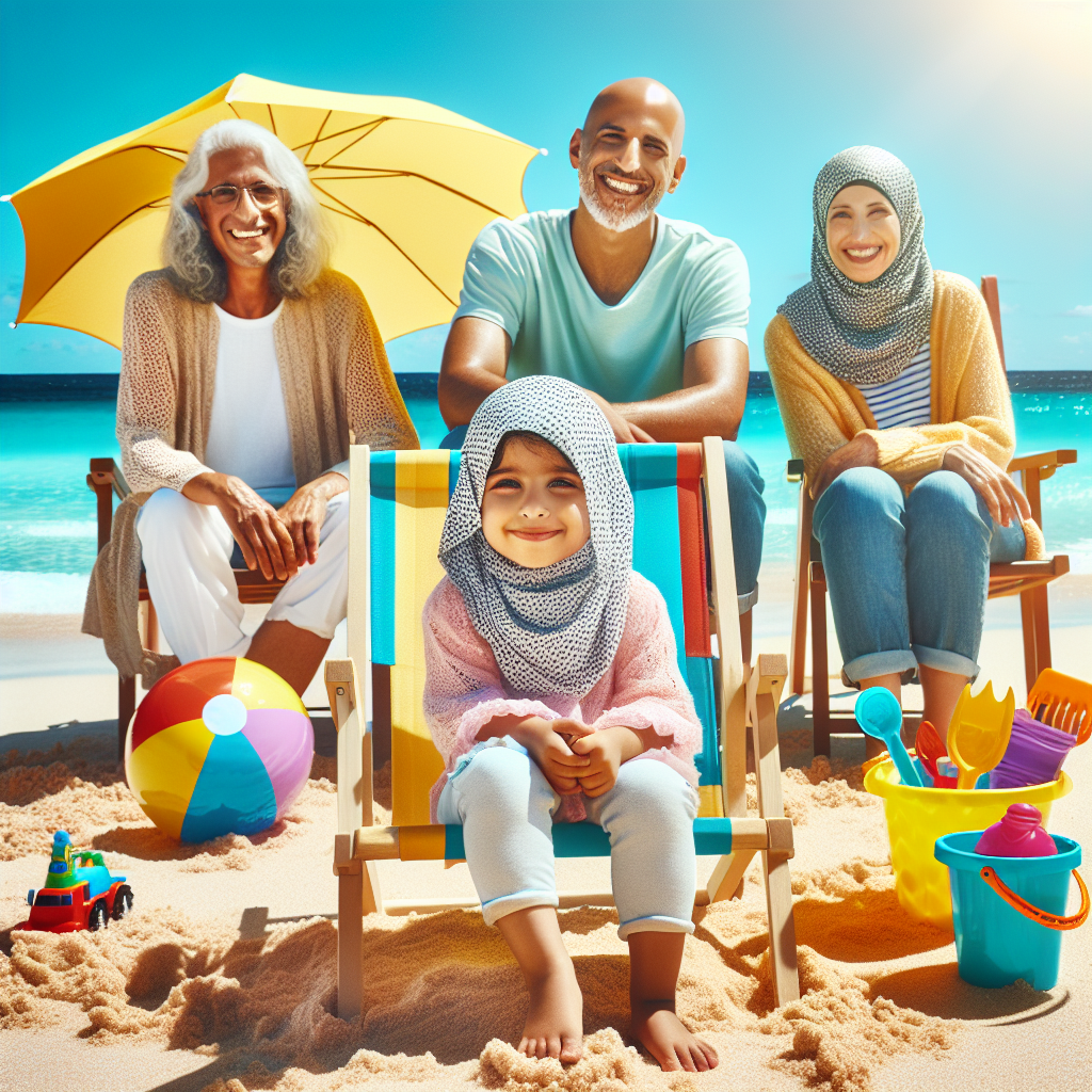 En lykkelig familie nyter en solfylt stranddag, med barnet komfortabelt sittende i en fargerik strandstol