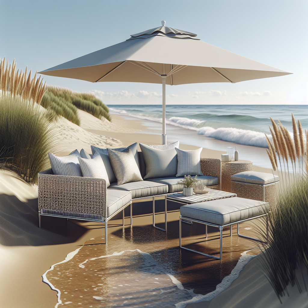 Sommerlig scene ved stranden med moderne lett utemøbelsett i flettet rotting og aluminium, myke puter, parasoll og blå himmel