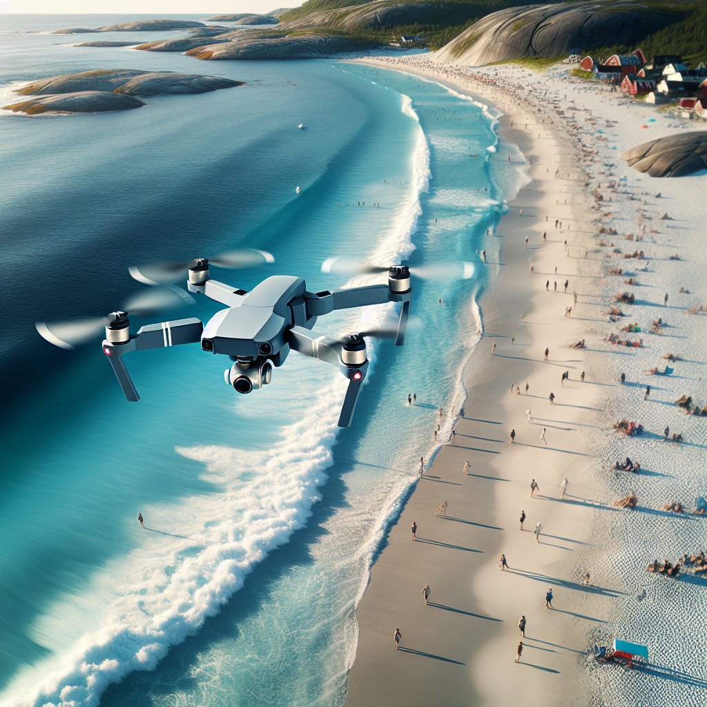 Moderne drone som flyr lavt over en norsk strand med blått hav, gyllen sand, svake bølger og mennesker i bakgrunnen, høy oppløsning, naturlig lys, sommerstemning