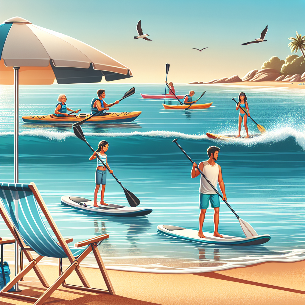 Familievennlig strandscene med padlere på SUP, kajakkister og en sammenleggbar strandstol i forgrunnen, klare blå bølger og solbelyste sandstrender
