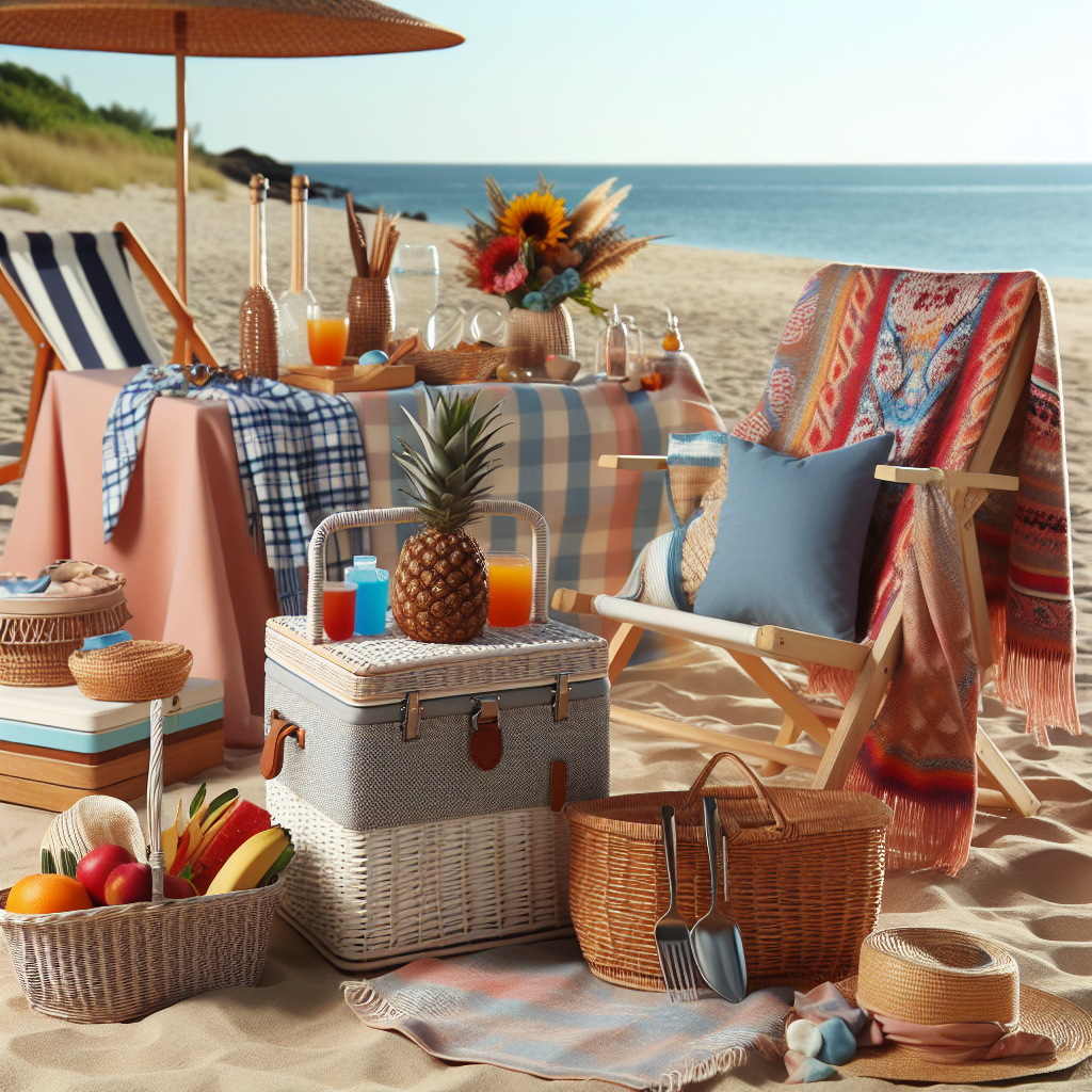 Lys, innbydende strandscene med en stilfull picknickkurv, kjøleelementer, fargerike tekstiler og en komfortabel strandstol i bakgrunnen, rolig hav og blå himmel