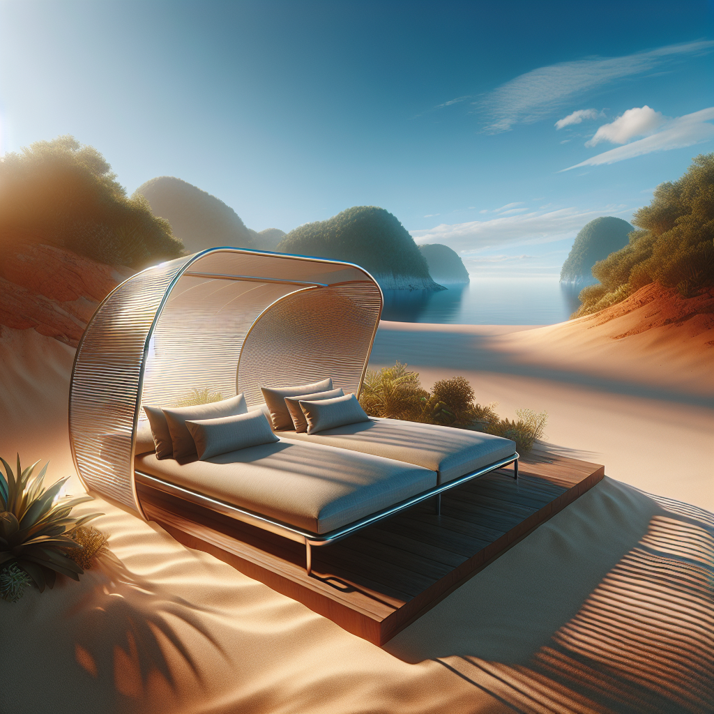 Solrik strandscene med moderne solseng i aluminium og pustende tekstil, myk puter, lav vinkel, blå himmel, naturlige farger og subtile skygger