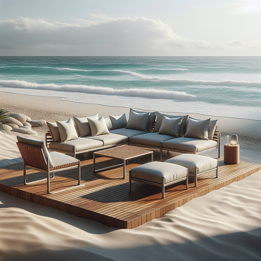 Utemøbelsett plassert på sandstrand ved havet: moderne aluminium og teak, myke avtakbare puter, naturlig sollys, avslappet livsstilsfoto, høyoppløst