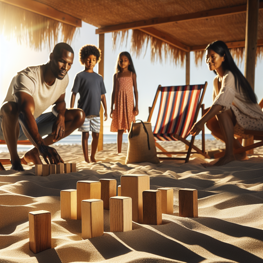 Solfylt sandstrand med familie som spiller kubb, strandstoler i bakgrunnen, trebiter og kastepinner i fokus, varm naturlig belysning, høy oppløsning